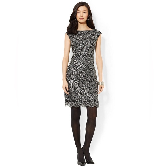 Lauren Ralph Lauren Metallic Embroidered Floral Cap Sleeve Sheath Dress … - Picture 1 of 10